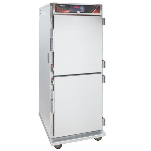 A white stainless steel Cres Cor holding cabinet with two solid doors.