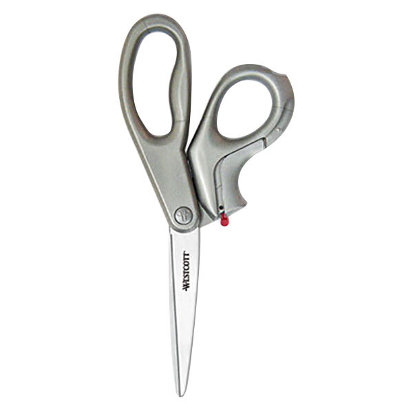 Westcott 13227 EZ-Open 8" Stainless Steel Pointed Tip Scissors and Box Cutter Tool with Gray Bent Handle