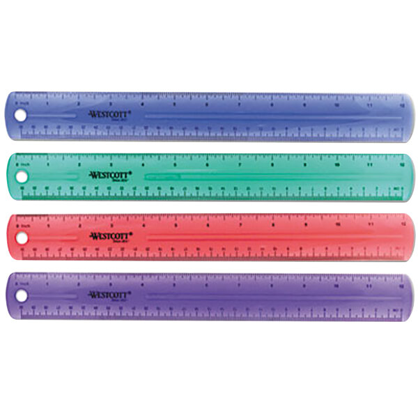 Westcott 12975 12" Jewel Colored Plastic Ruler 1/16" Standard Scale