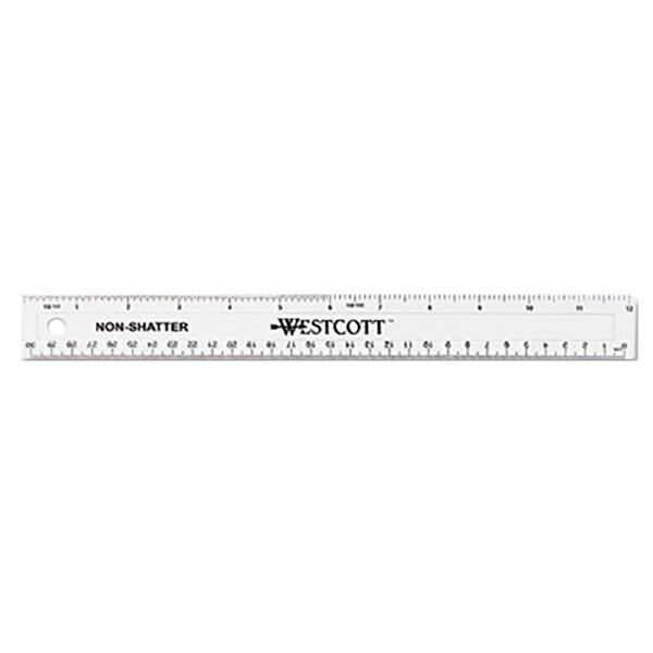 Westcott 13862 12" Shatterproof Plastic Ruler with Hanging Hole - 1/16" Standard Scale