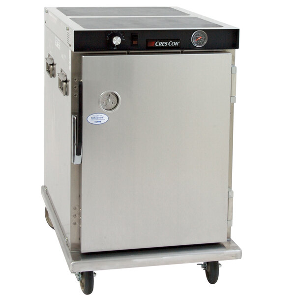 A Cres Cor insulated aluminum holding cabinet on wheels.