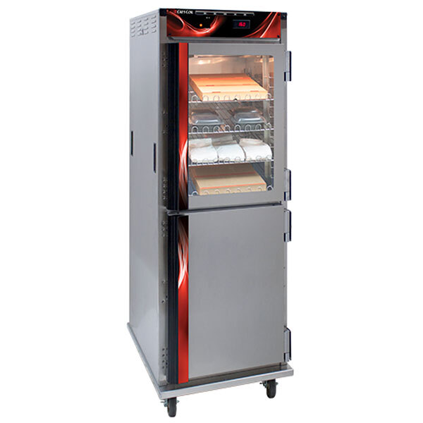 A Cres Cor stainless steel pass-through holding cabinet with the door open.