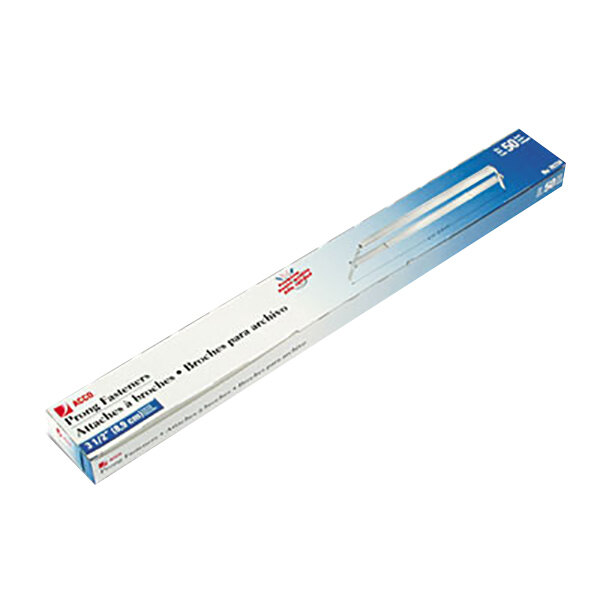 A white box of Acco silver paper file fasteners with blue writing.