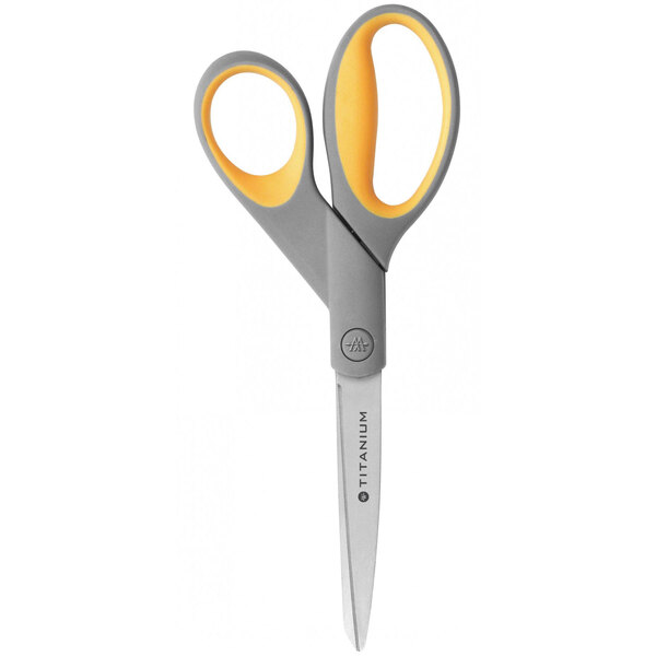 Westcott 13526 7" Titanium Bonded Pointed Tip Scissors with Gray / Yellow Straight Soft Handle