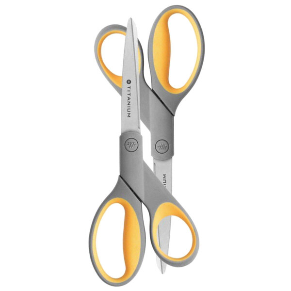 Westcott 13901 8" Titanium Bonded Pointed Tip Scissors with Gray / Yellow Straight Handle - 2/Pack