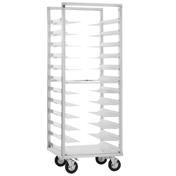 A white metal Cres Cor sheet pan rack with shelves on wheels.