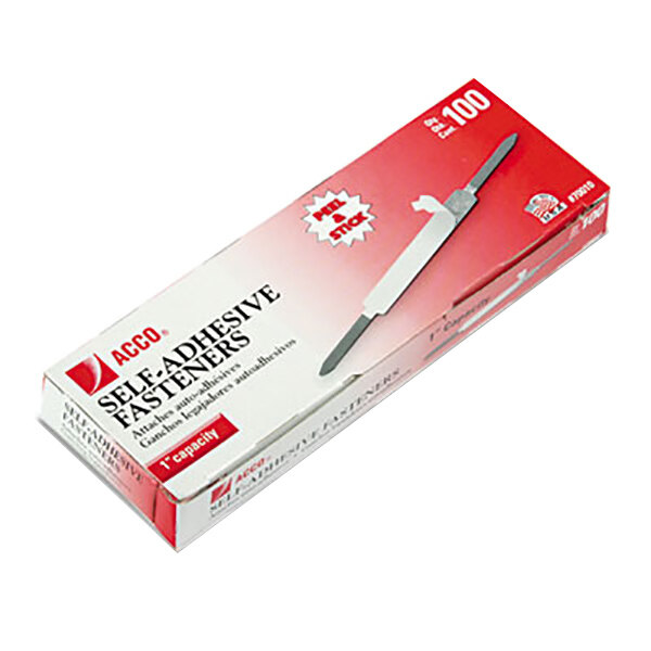 A white and red box of Acco paper fasteners with black text.