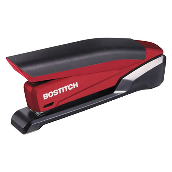 A close up of a red and black Bostitch PaperPro inPOWER stapler.