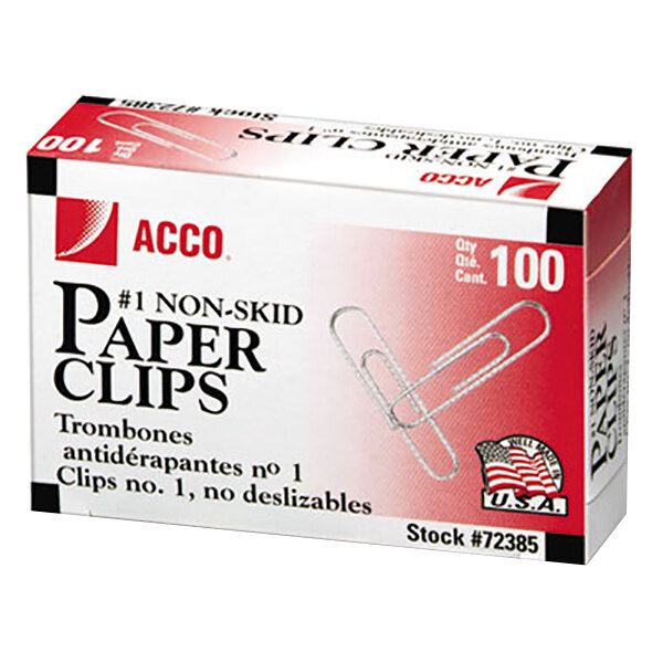 Acco 72385 Silver Non-Skid Finish 100 Count #1 Standard Paper Clips - 10/Box