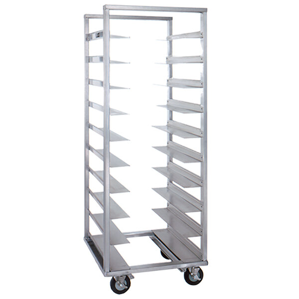 A Cres Cor aluminum sheet pan rack with shelves on wheels.