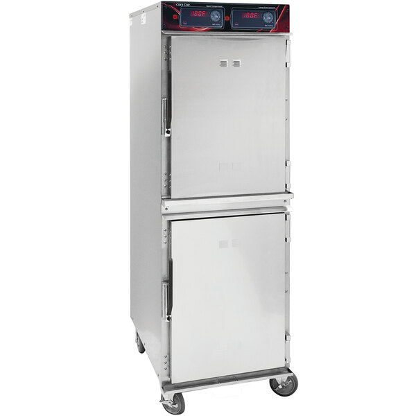 A stainless steel Cres Cor holding cabinet with two doors.