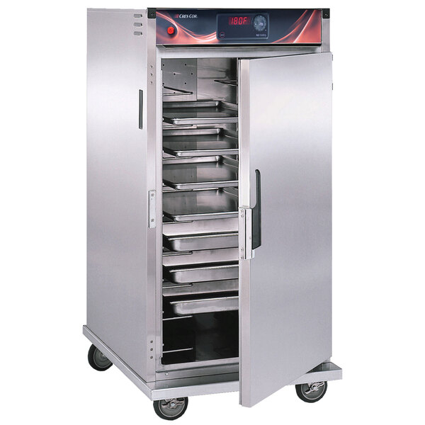 A large stainless steel Cres Cor holding cabinet with trays on wheels.