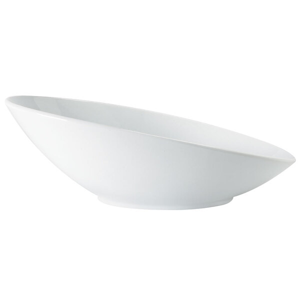 A white oval slanted melamine bowl.