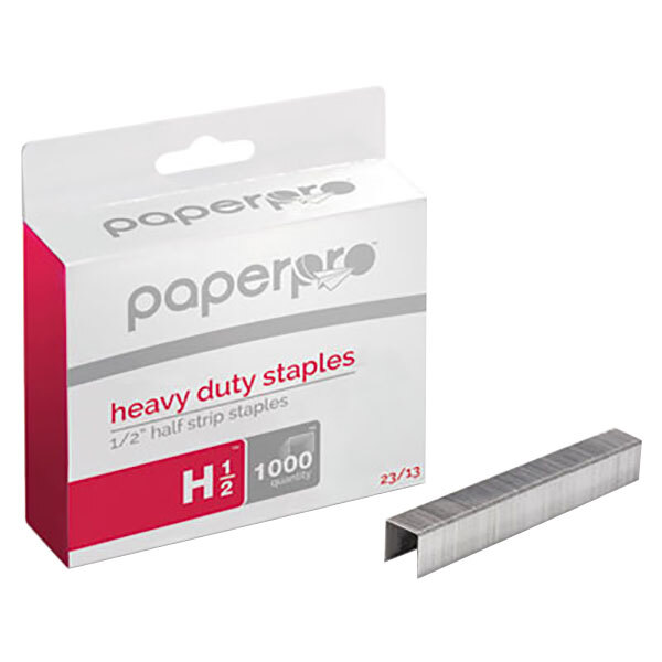A box of Bostitch PaperPro heavy-duty staples with a red and white label.