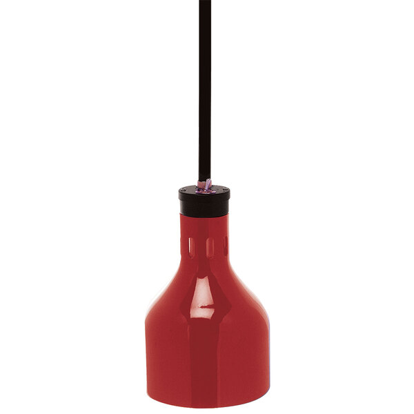 A Cres Cor red ceiling mount infrared bulb food warmer with a rigid stem.