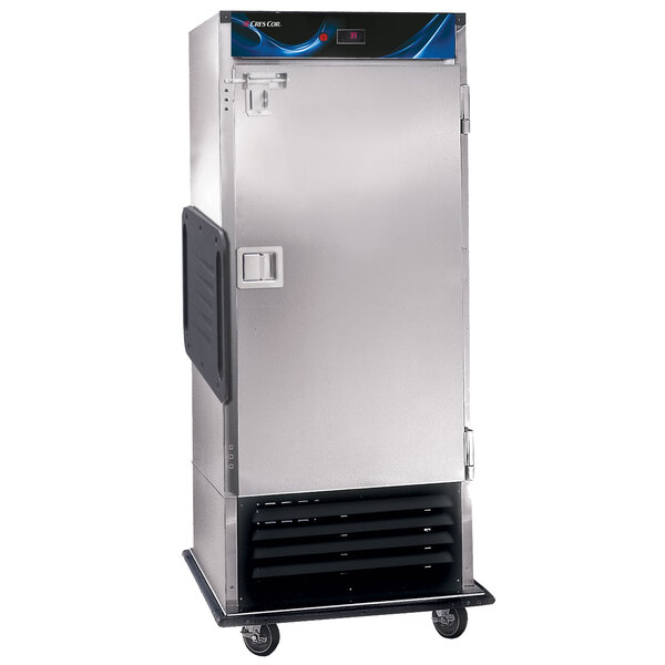 A silver Cres Cor refrigerated cabinet with a door on wheels.