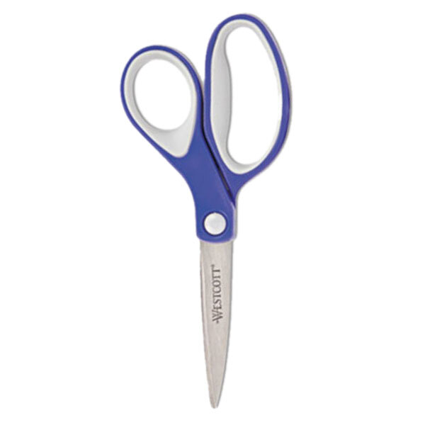 A pair of Westcott stainless steel scissors with blue and gray handles.