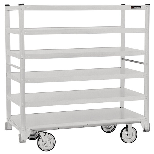 A white metal Cres Cor Queen Mary banquet service cart with 6 flat shelves and wheels.