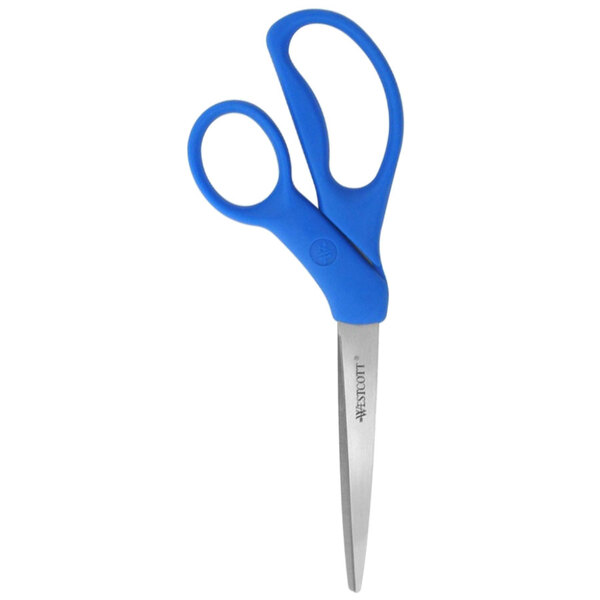 A close-up of a pair of Westcott scissors with blue handles.