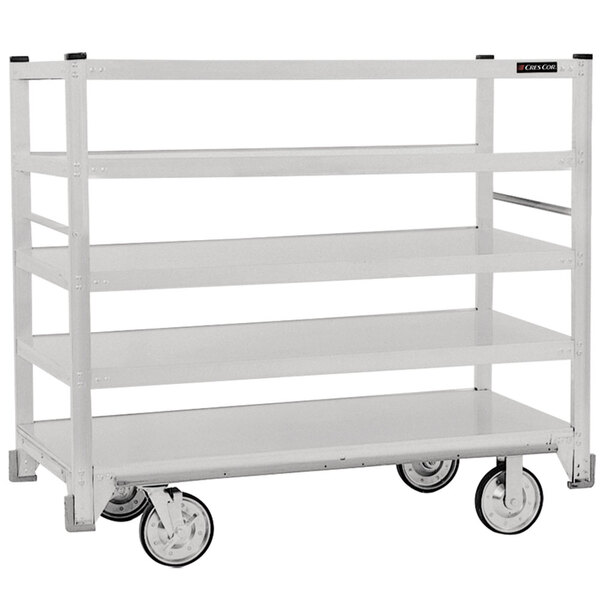 A white metal Cres Cor Queen Mary banquet service cart with 5 flat shelves and wheels.