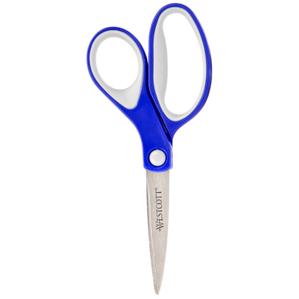 Westcott 15554 KleenEarth 8" Stainless Steel Pointed Tip Scissors with Blue / Gray Straight Soft Handle