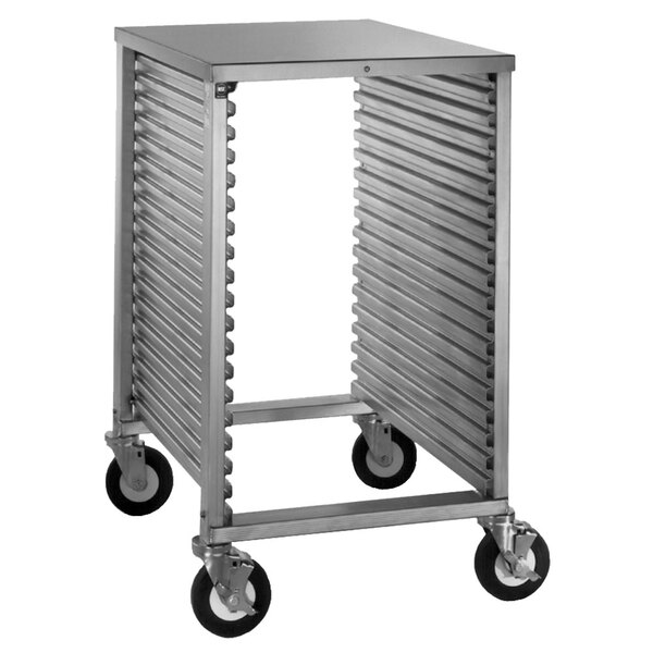 A Cres Cor stainless steel half height sheet pan rack on wheels.