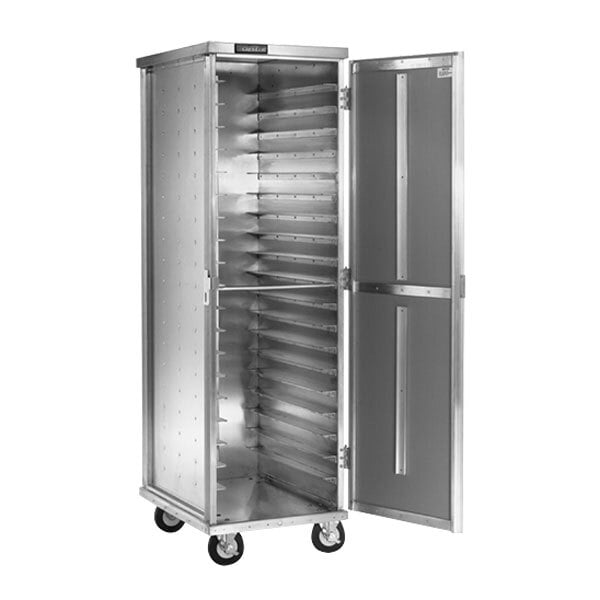 A Cres Cor aluminum sheet pan rack with shelves and wheels.