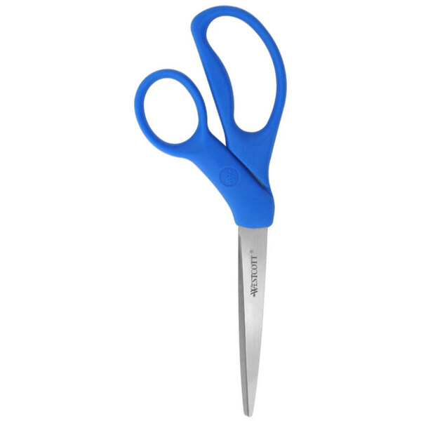 Westcott stainless steel scissors with blue bent handles.