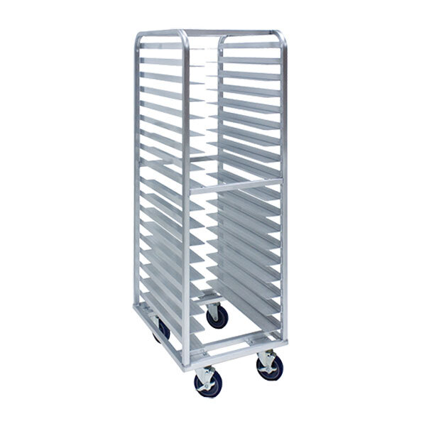 A Cres Cor metal roll-in refrigerator rack with shelves for 18 trays on wheels.