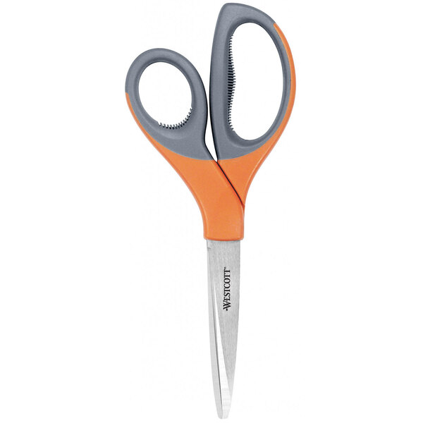 Westcott 41318 Elite 8" Stainless Steel Pointed Tip Shears with Orange / Gray Straight Handle