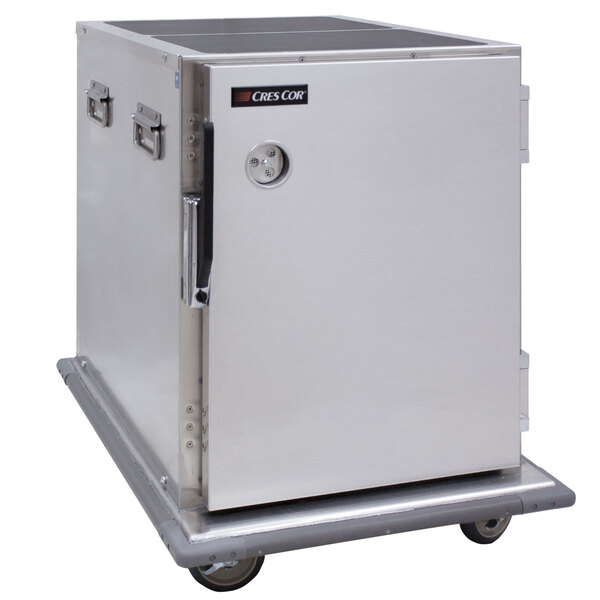 A stainless steel Cres Cor mobile food storage cabinet on wheels.