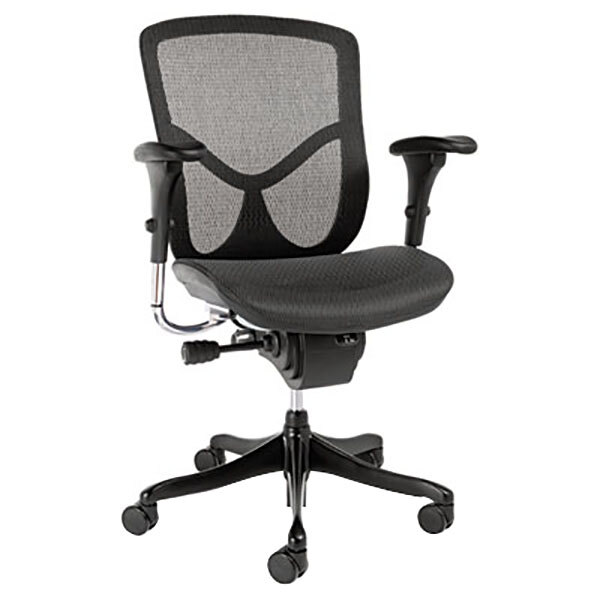 An Alera black office chair with a black mesh back.