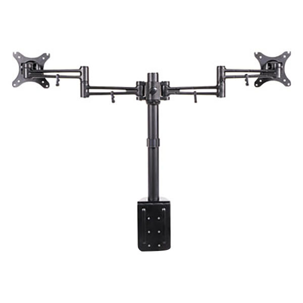 A black Alera pole-mounted dual monitor arm with two articulating arms.