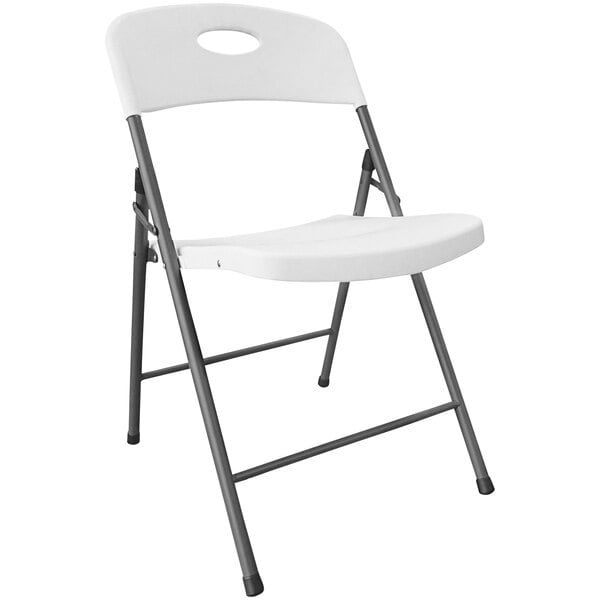 A black metal folding chair with white molded resin back and seat.