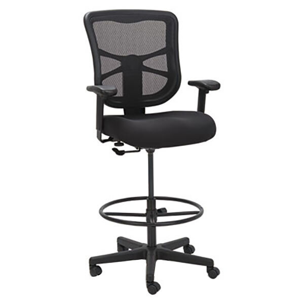 An Alera Elusion black mesh office stool with a black seat and mesh back.