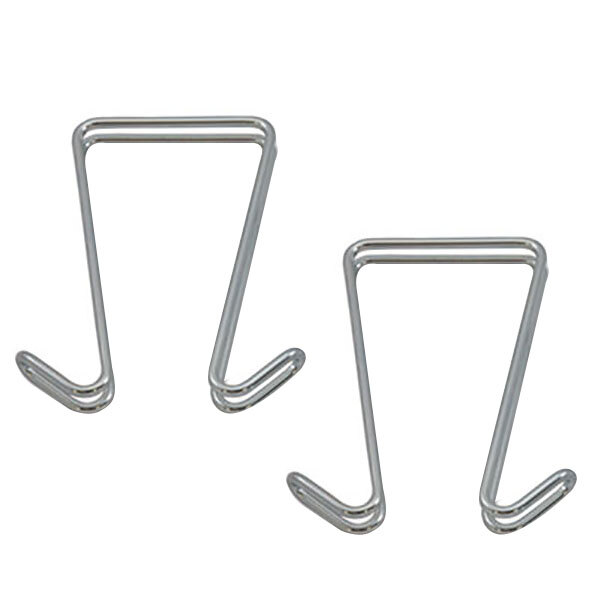A pair of silver metal hooks.