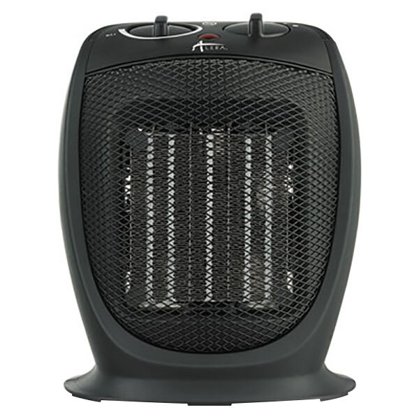 A black Alera electric heater with a mesh panel.