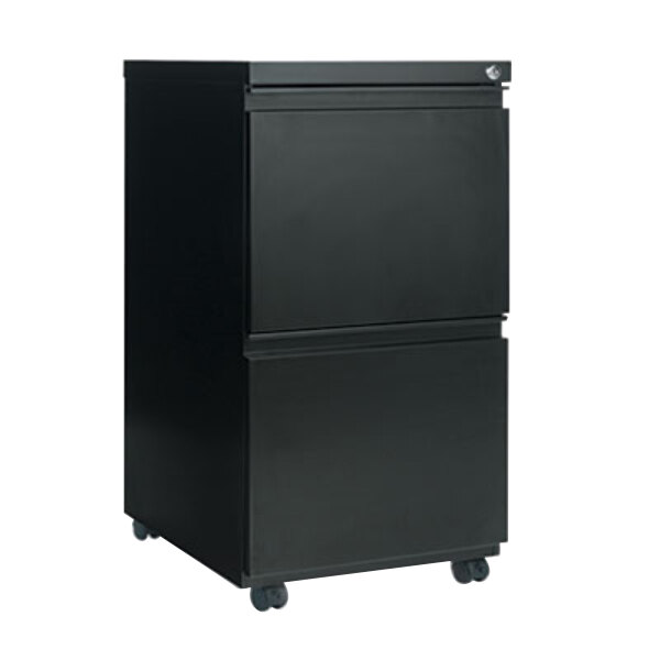A black rectangular Alera metal pedestal file cabinet with wheels.