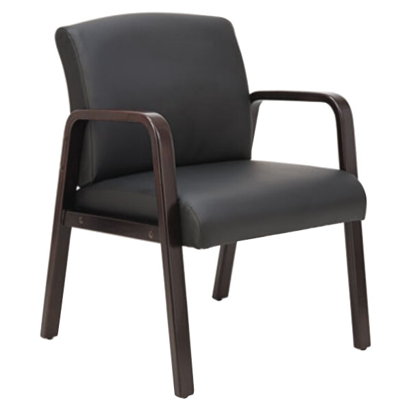 Alera ALERL4319E Reception Black Leather Arm Chair with Espresso Wood Frame