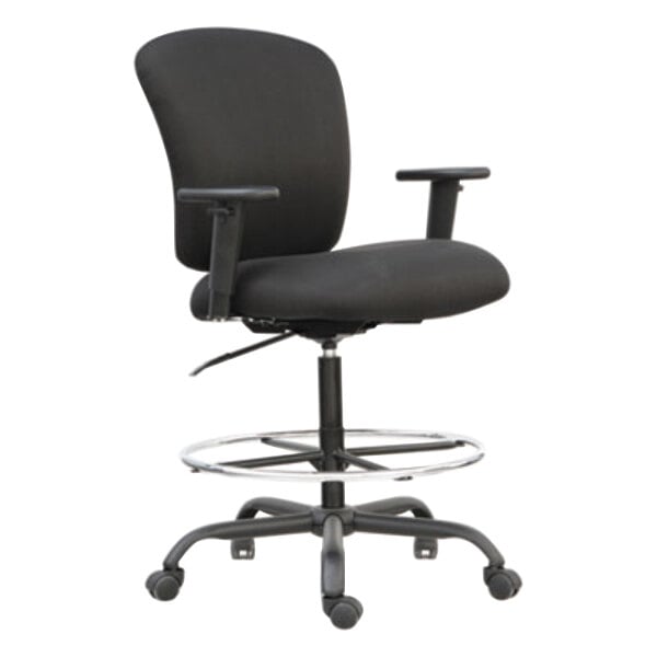 Alera ALEMT4610 Mota Black Big & Tall Fabric Office Stool with Adjustable Arms, Chrome Foot Ring, and Black Swivel Steel Base