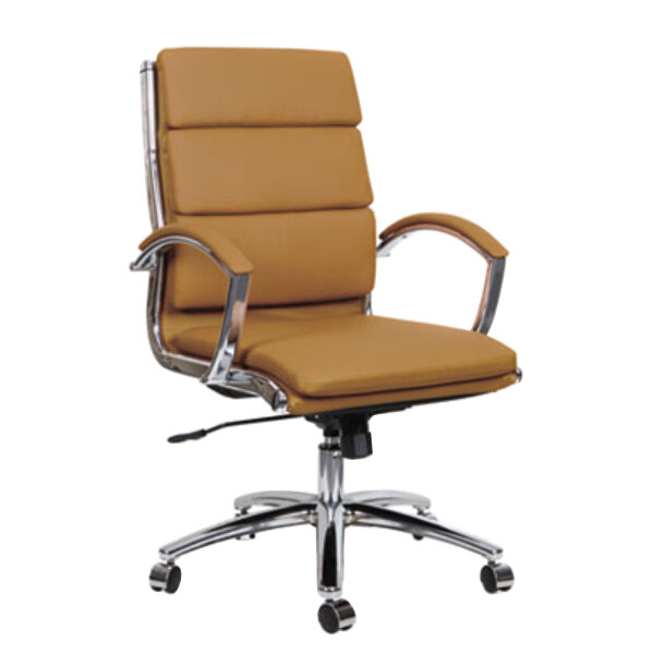 Alera ALENR4259 Neratoli Mid-Back Camel Leather Office Chair with Fixed Arms and Chrome Swivel Base