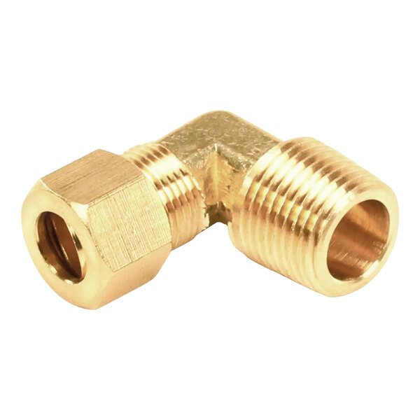 A gold brass elbow fitting with a threaded end.