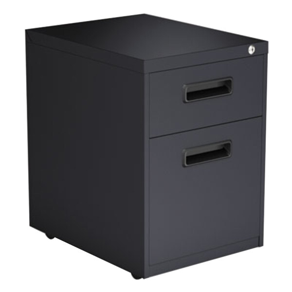 A black Alera metal pedestal file cabinet with two drawers.