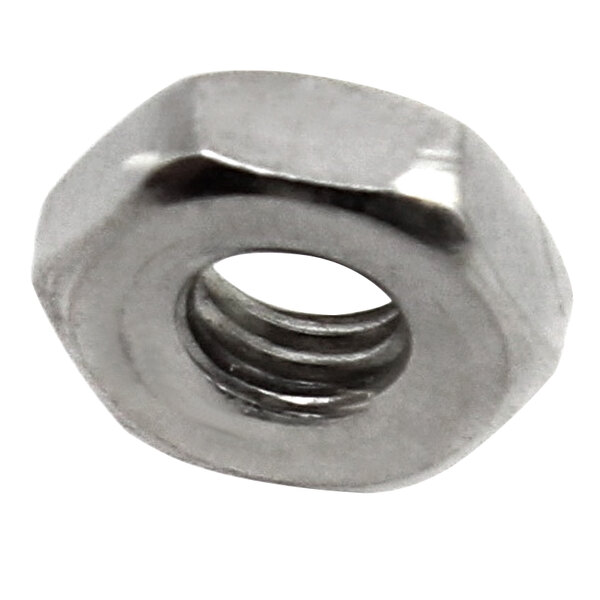 A close-up of a stainless steel Perlick #10-32 hex nut.