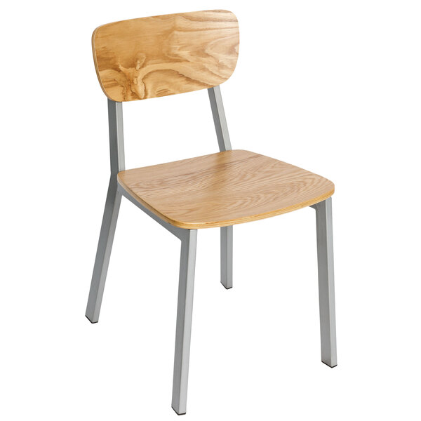 BFM Seating Hamilton Gray Steel Side Chair with Natural Ash Wooden Back and Seat - Platinum Finish