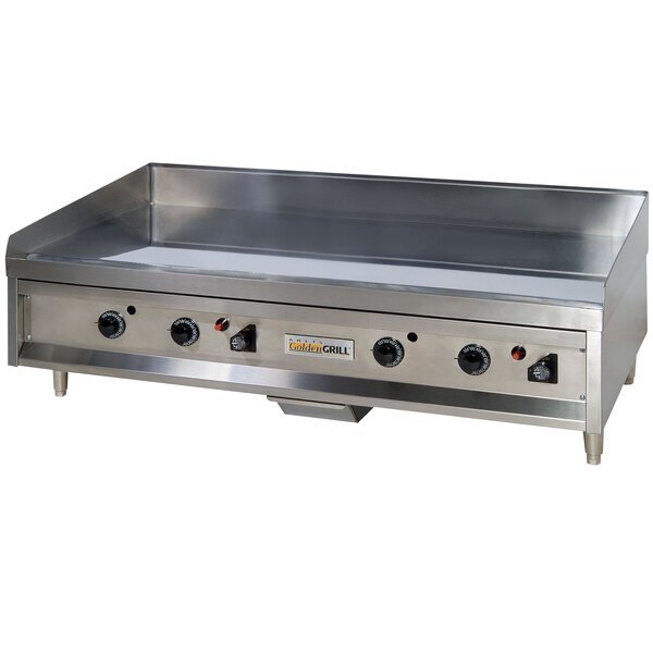 An Anets stainless steel countertop griddle with thermostatic controls and chrome trim.