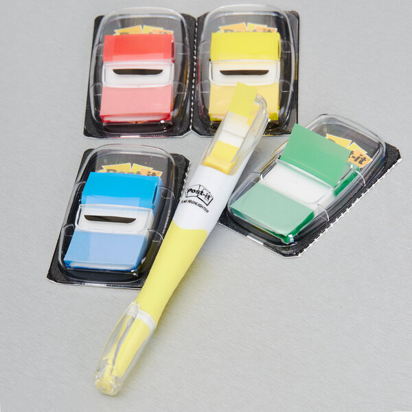 3M 680RYBGVA Post-It® 1" x 2" Assorted Color Page Flag with Dispensers and Bonus Flag Highlighter   - 4/Pack