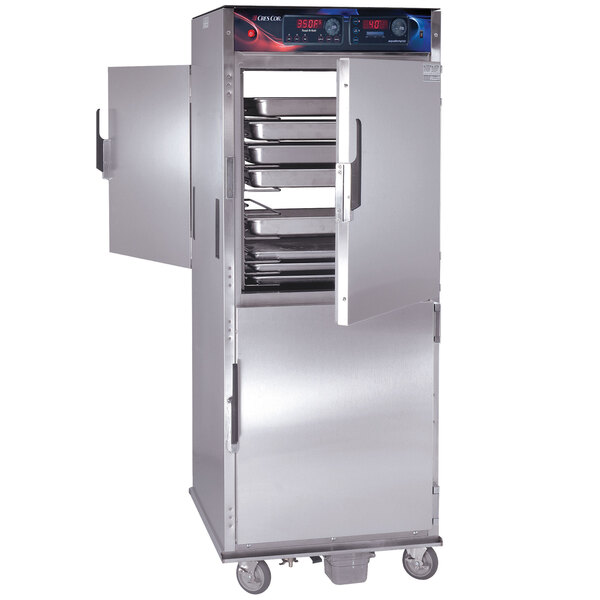 A stainless steel Cres Cor roast-n-hold oven with trays in a pass-through design.