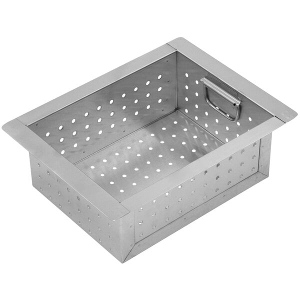 A metal sink basket with holes.