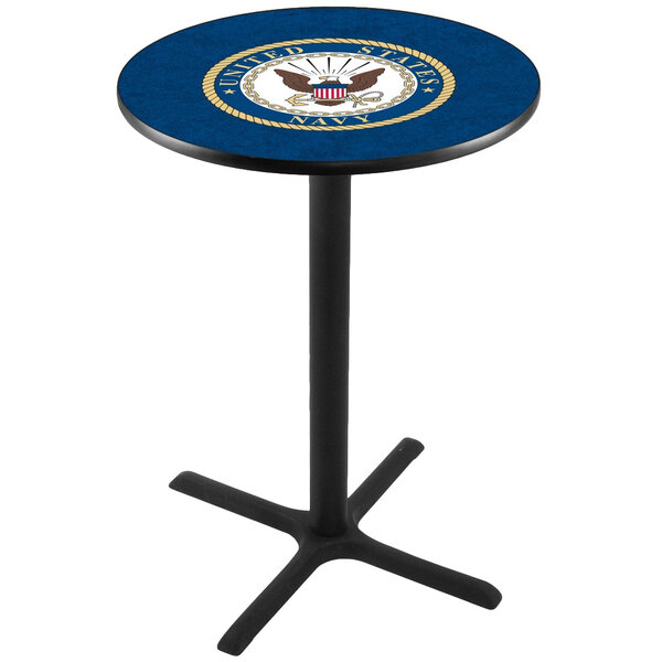 A round blue Holland Bar Stool table with a United States Navy logo on the top.